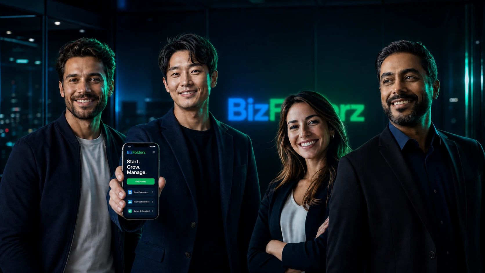 BizFolderz team presenting the BizFolderz mobile business platform in a luxury office